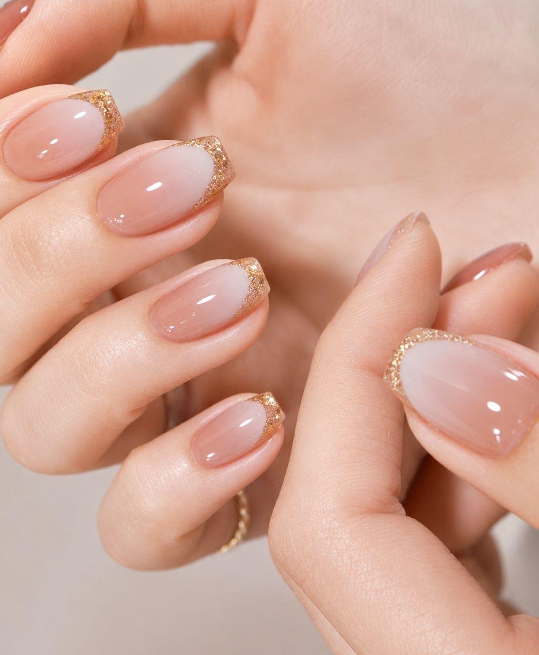 Nude gel nails with gold glitter French tips — bespoke add-on nail design at Passionate Nails, Great World