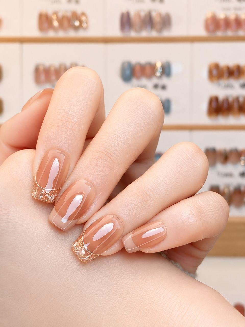 Sheer caramel gel nails with gold glitter French tips and fine hand-drawn lining at Passionate Nails, Great World
