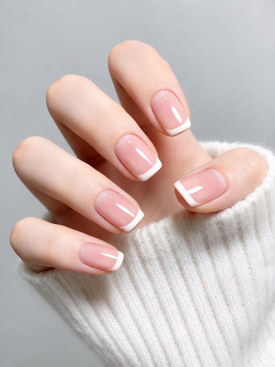 Soft pink French manicure with clean white tips — express gelish shape and paint at Passionate Nails, Great World